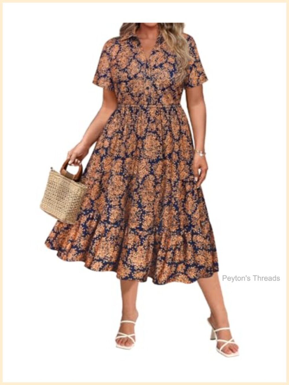 Plus Size Midi Dress with Pockets V-Neck Short Sleeve Casual